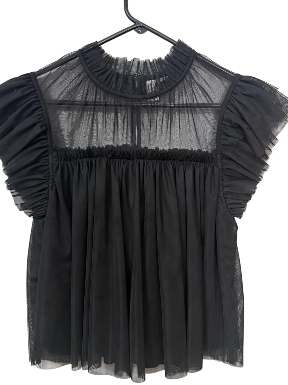 Joie Black Mesh Tulle Babydoll Top XS  Ruffle Flutter Sleeve Smocked. Pristine